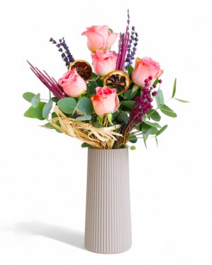Bej Çizgili Vazoda 5 Pembe Gül