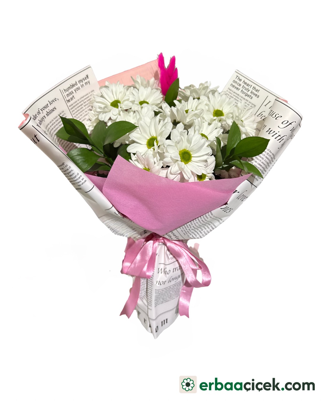 Pembe Gazeteli Buketlikte Beyaz Papatyalar